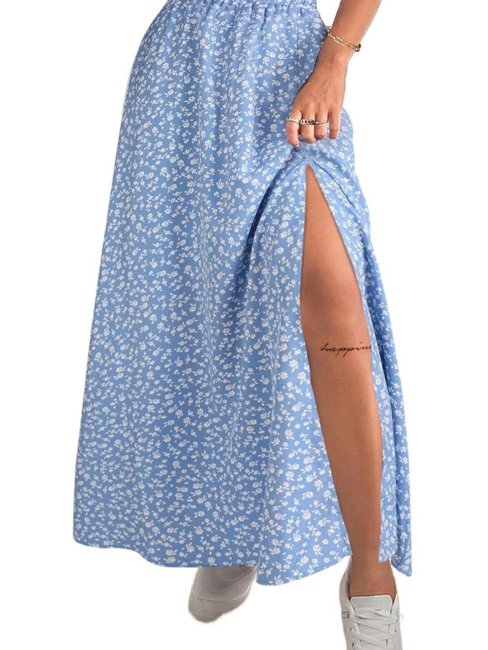 Light Blue Floral High-Slit Maxi Skirt